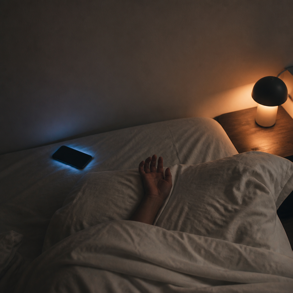A dimly-lit bedroom at 11:47pm with rumpled white linen, a hand on the pillow, a phone glowing faintly, a warm bedside lamp
