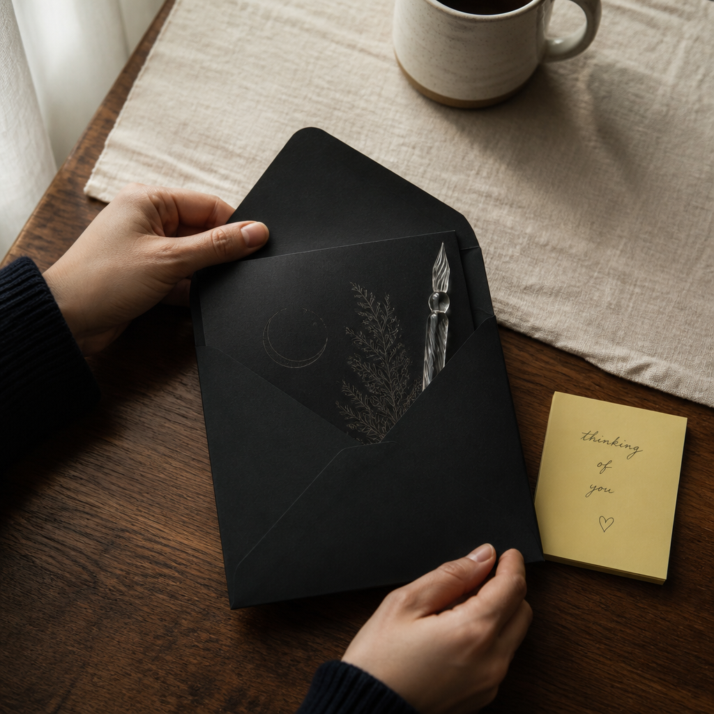 Hands opening a small black paper envelope on a warm wooden tabletop with a black scratch-art card and slim glass pen inside, yellow Post-it beside
