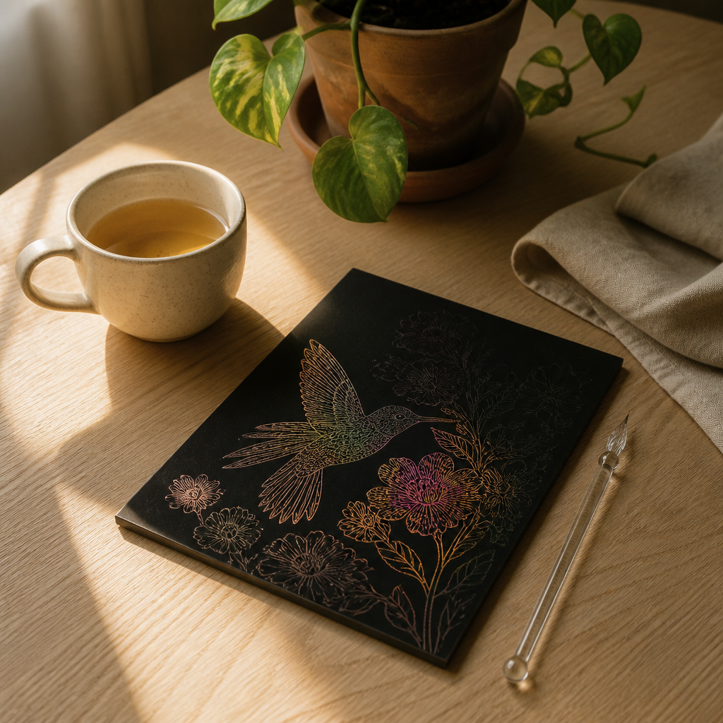 A half-completed black scratch-art canvas of a hummingbird on a light oak desk with a glass pen, ceramic mug, and small potted plant