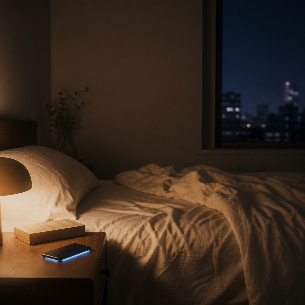 A quiet empty bedroom at 11:30pm: rumpled white linen, a faintly glowing phone face-down on the nightstand, a warm dim lamp, and a city night beyond the window