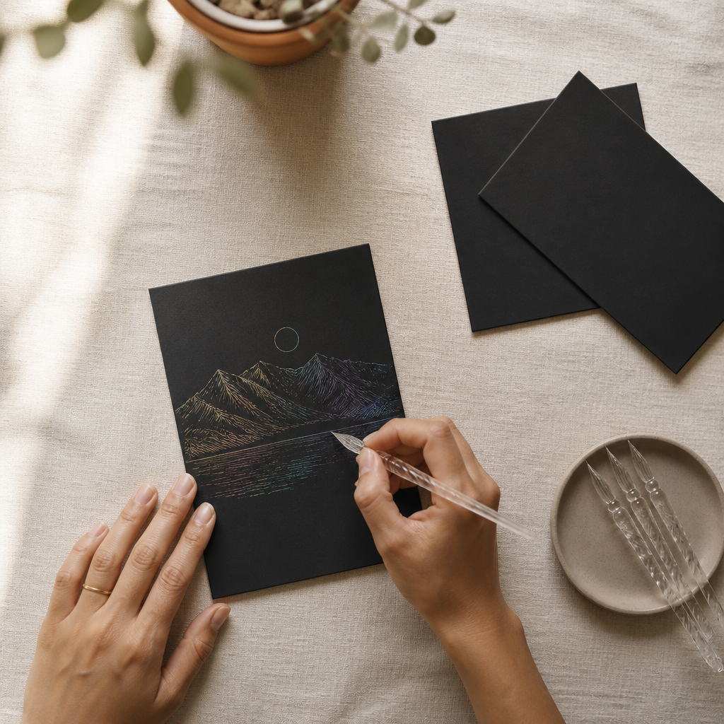 Overhead view of a pair of hands deeply absorbed in scratching a black scratch-art canvas with a glass pen, on a pale linen tablecloth in warm natural daylight
