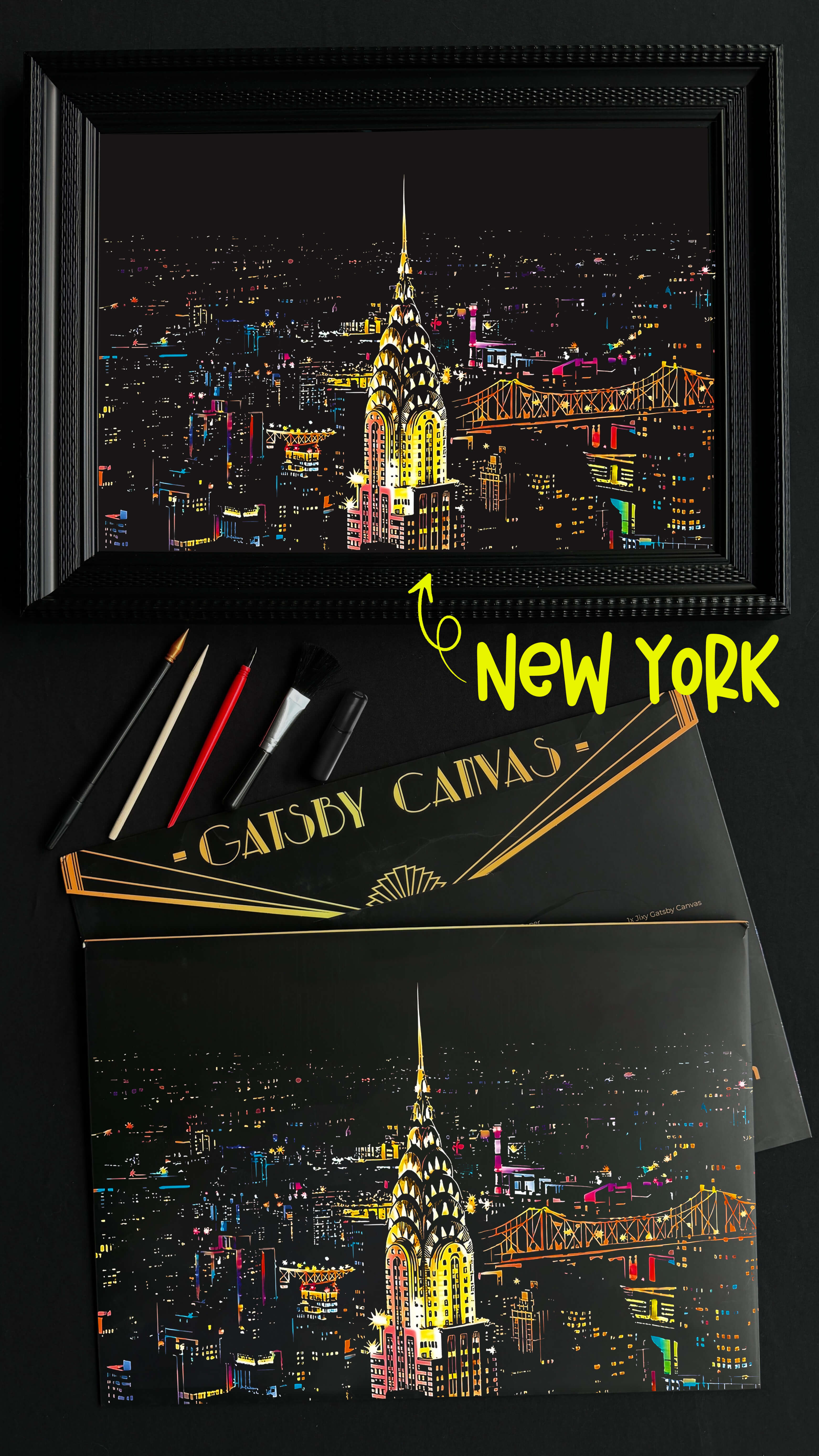 New York skyline scratch-art canvas — Manhattan in antique gold against deep matte black, partially revealed to show illuminated windows and bridges