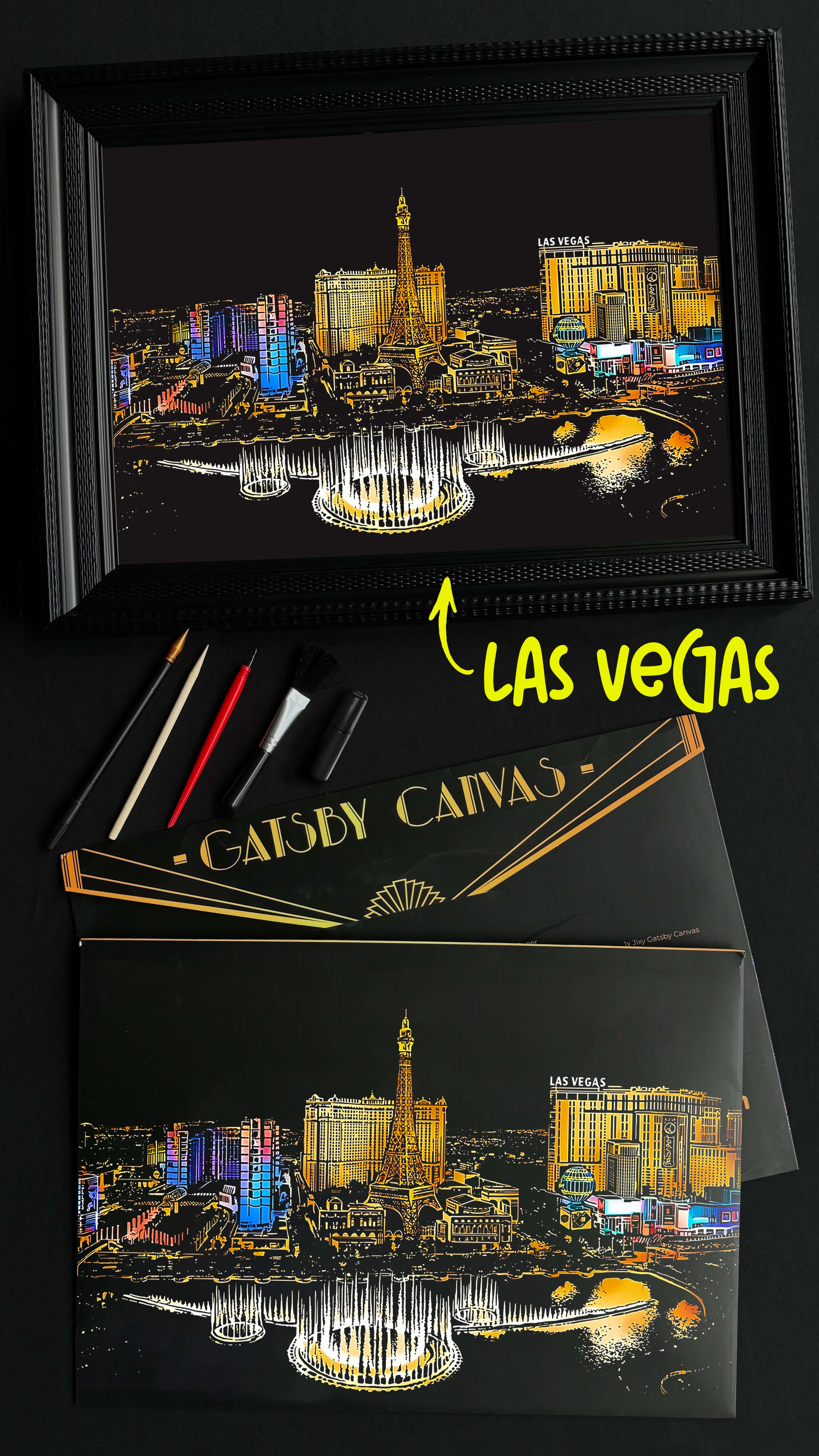 Las Vegas Strip scratch-art canvas — neon casinos lighting the desert