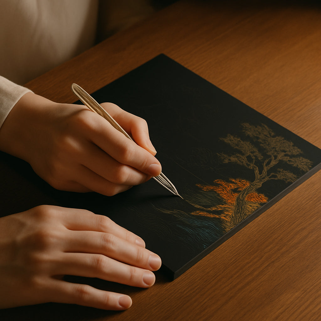 Close-up of hands holding a stylus and scratching a Gatsby Canvas