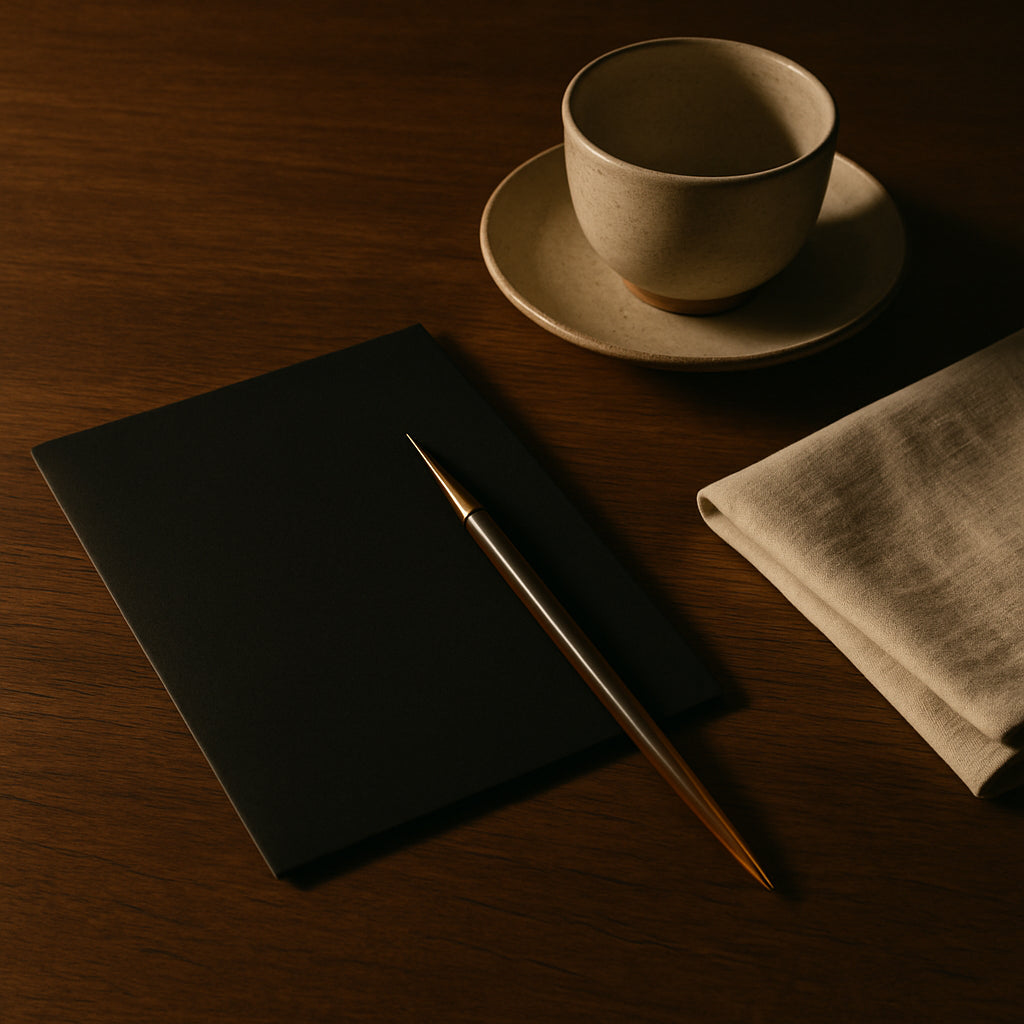 Warm evening tabletop — a canvas in progress, a closed phone face-down beside it, a cup of tea