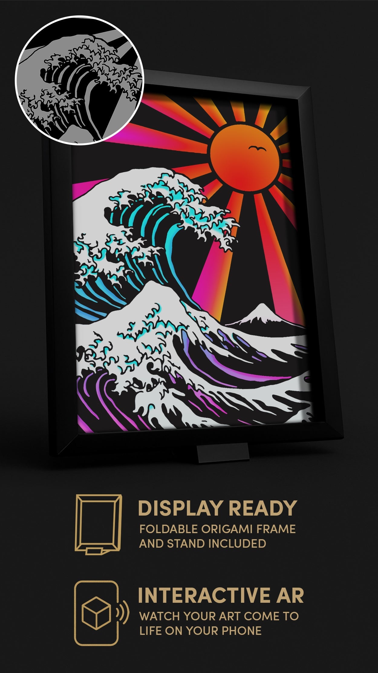 Finished Tales of Japan canvas mounted in a black frame on a living-room wall, warm lamp light