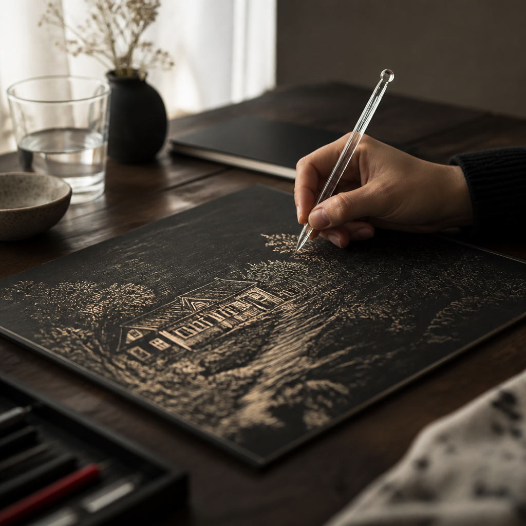 A hand scratching a Gatsby Canvas to reveal hidden artwork